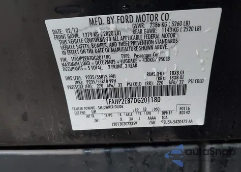 2013 Ford Taurus Sel from USA, damaged, VIN 1FAHP2E87DG201180